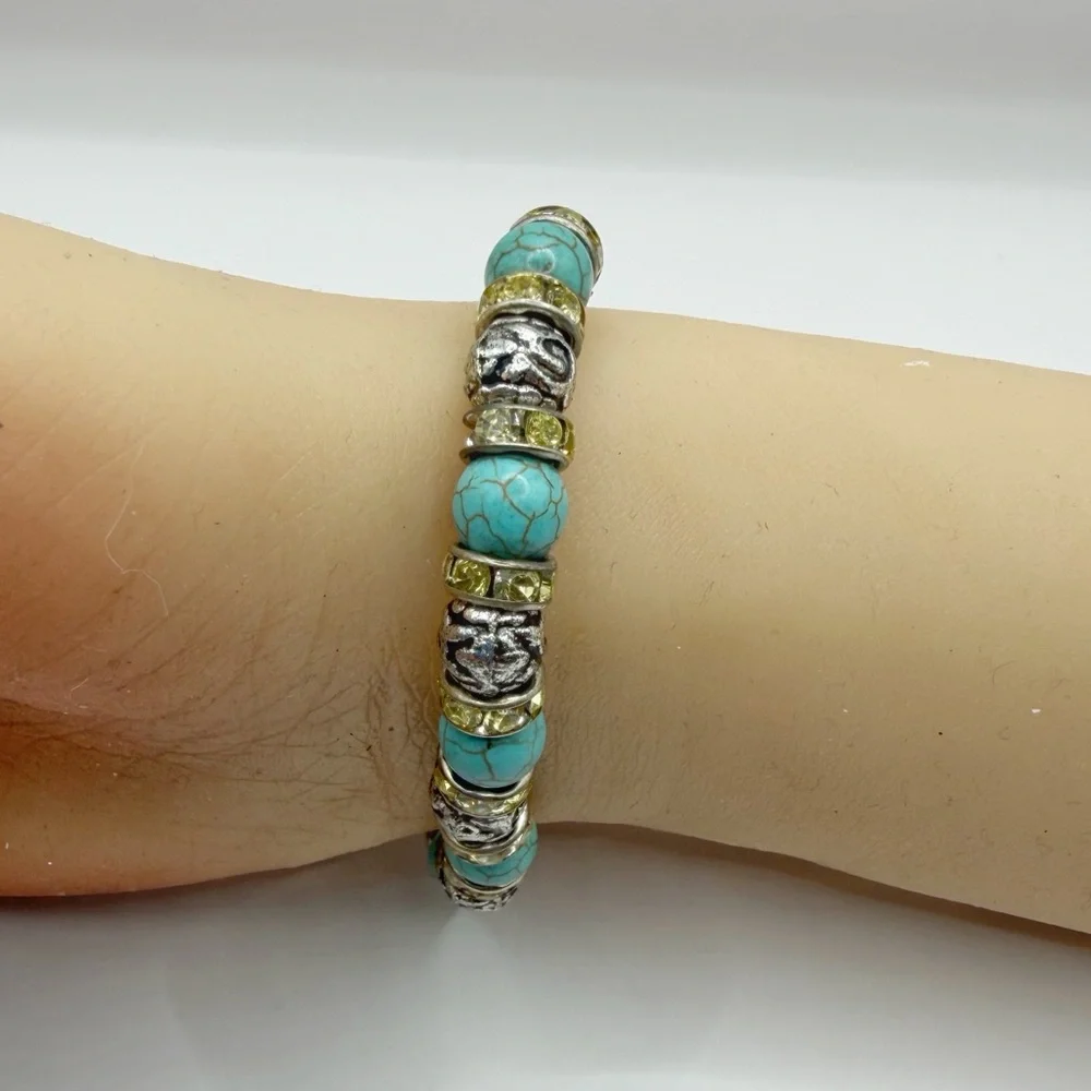 Sideways Cross Stretch Bracelet with Turquoise Beads & Crystal Rhinestones